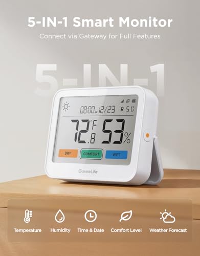 GoveeLife WiFi Thermometer Hygrometer 5-in-1, Large LCD 3-Pack with Gateway | Temperature and humidity monitor with weather station, remote sensor, indoor thermometer for home baby room greenhouse