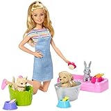 Barbie Play â€˜nâ€™ Wash Pets Playset with Blonde Doll, 3 Color-Change Animals a Puppy, Kitten and Bunny and 10 Pet and Grooming Accessories, Gift for 3 to 7 Year Olds