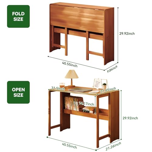 Bamboo Folding Desk Mid Century Modern Desk for Home Office Bedroom Small Spaces, Brown，40.55"/103cm Long Desktop