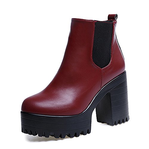 Women Boots Square Heel Platforms, NDGDA Leather Thigh Shoes High Pump Boots (Red, US:5.5)