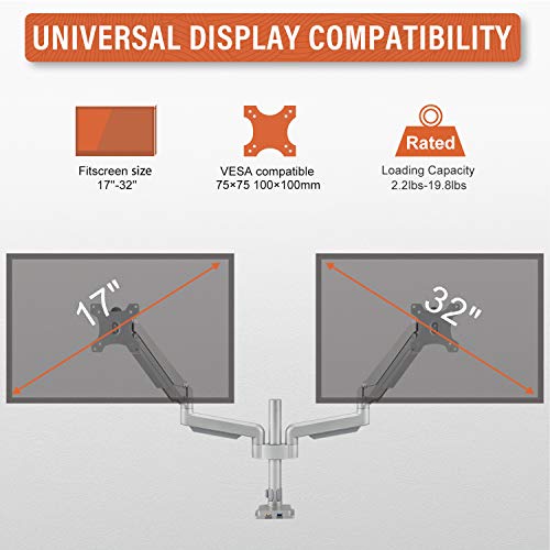 PUTORSEN® PC Dual Monitor Arm - Aluminum Ergonomic Height-Assisted Full Motion Heavy Duty Double Arm Desktop Clamp Mount for 17–32” Screens VESA 75 to 100mm Weight up to 9kg (USB3.0 & Audio Ports)