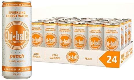 Hiball Sparkling Energy Water 24x 250ml Cans, 3 Flavors Available Between Peach, Wild Berry and Lemon Lime (Peach)
