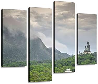 Big Buddha (Tian Tan Buddha) Statue in Hong Kong Canvas Wall Art Hanging Paintings Modern Artwork Abstract Picture Prints Home Decoration Gift Unique Designed Framed 4 Panel