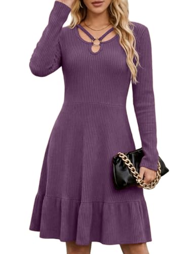 Valiamcep Long Sleeve Dress for Women Fall Dresses Purple L at Amazon