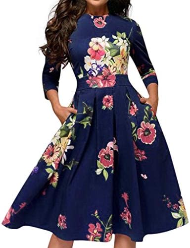 Yanvan Women Elegant Vintage Dress O-Neck 3/4 Sleeve A-Line Slim Fit and Flare Swing Midi Dress