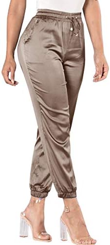 Women's Casual Satin High Waisted Jogger Slim Fit Drawstring Pants with Pockets