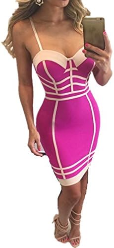 Ke Women Rayon Rose Spaghetti Strap Above Knee Sexy Bodycon Bandage Dress Small