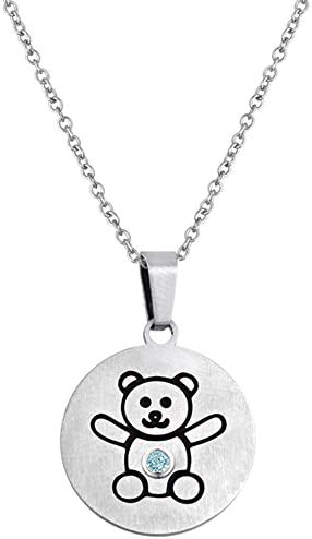 Stainless Steel Necklace w/Swarovski Birthstone Teddy Bear Disc Pendant - March