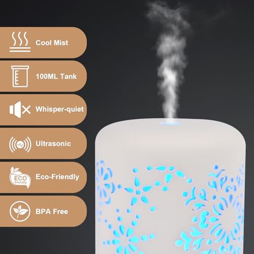 GuKKK Ceramic Essential Oil Diffuser Humidifier, 100 ml Silent Ultrasonic Aromatherapy Humidifier, with Timers and 7 LED Colours, for Home Office Bedroom