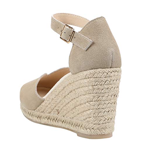 Womens 3" Wedge Sandals Ankle Strap, Cap Toe,Classic Espadrille Heel Shoes (6.5 M US, Beige)