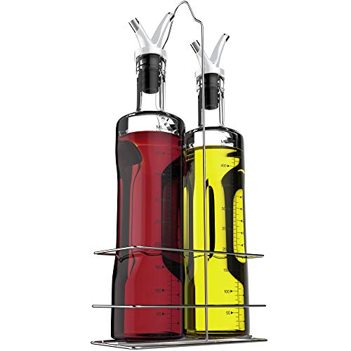 Vremi 17 oz Olive Oil and Vinegar Dispenser Set - Clear Glass Cruet Bottles for Cooking with No Drip Double Pourer Spout Stoppers and Stainless Steel Holder Stand - Kitchen Dispensing Cruets - White - Thumbnail 7