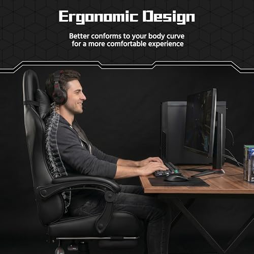 Yaheetech Gaming Chair, Video Game Chair with Massage Lumbar Support and Footrest Height Adjustable Ergonomic Computer Chair with Swivel Seat and Headrest, Full Black