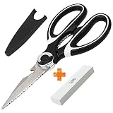 Kitchen Scissors, BASA Stainless Steel Kitchen Shears with Free Sharpener, Heavy Duty Multipurpose Herb Scissors for Poultry, Chicken & Meat, Black