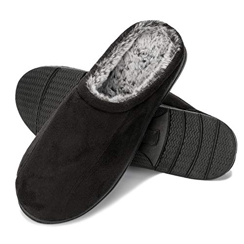 WFL Men's Comfort Memory Foam Slippers Home Shoes Warm Plush Lining for Indoor/Outdoor Black