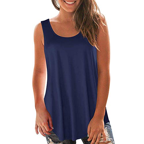 Emimarol Women Blouse Summer O Neck Sleeveless Shirt Casual Solid Tunic Vest Tops Blouse Navy - Thumbnail 5