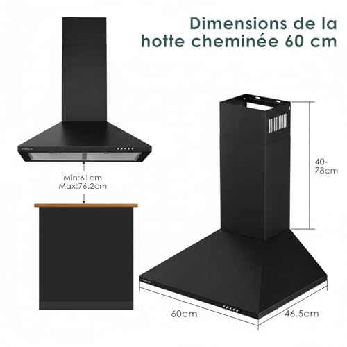 Soonye Extractor Hood 60 cm Class A, Kitchen Hood 350m³/h, Drain or Recycle, Carbon Filter Included, Wall Hood, Black