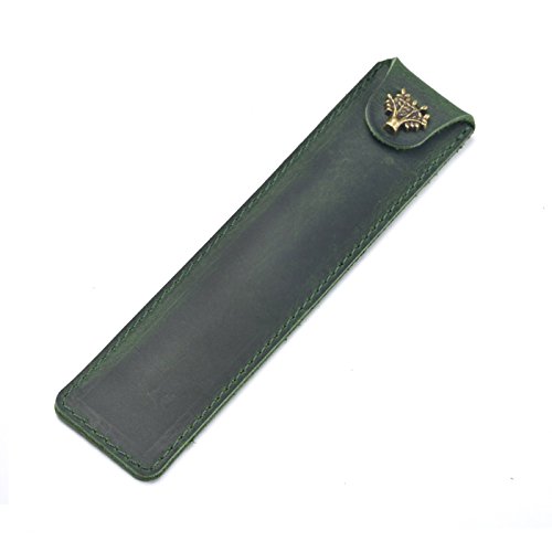 Chris.W Crazy Horse Leather Fountain Pen Case Bag Holder with Tree Shaped Button for SIngle Pen, 6.61 x 1.57 inches, Green