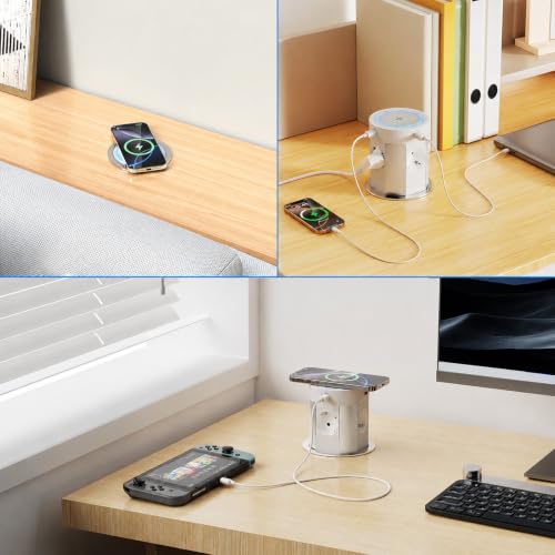 Worktop retractable socket, 2 USB-C 75 W Total, Qi 15 W, Ø100 mm | Built-in power strip with single push outlet, 4 AC outlets, 2 USB-A 45W+30W, kitchen and central island, white