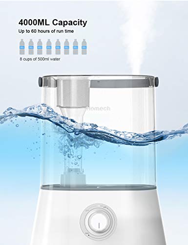 Homech 4L Cool Mist Humidifier, Quiet Ultrasonic Humidifier for Bedroom Nursery Baby 12-60 Hours, Easy to Clean, 360° Nozzle, Waterless & Water Tank Lifted Auto Shut-Off(Grey