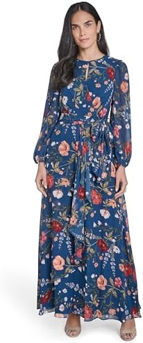 eliza j floral cascade ruffle long sleeve dress Eliza Ej2-9237 Floral Cascade Ruffle Long Sleeve Dress Sz 4 Navy Multi
