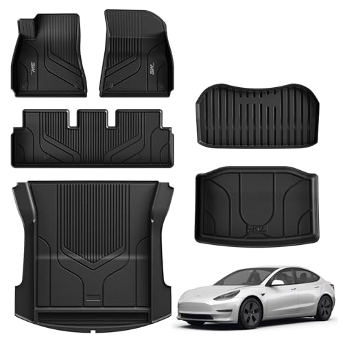 3W Car Floor Mats for Tesla Model 3 2021 2022 2023 Full Set of 6, TPE Car Mats and Boot Liners Non-Slip Waterproof Accessories for Tesla Model 3