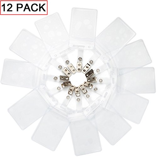 ID Badge Holder Vertical with Metal Badges Clips Name Tags Hole Punched Zipper Waterproof Resealable Clear Plastic Labels Credit Card Holder for Employees Heavy Duty Pair Metal Badge Clips (12 Pack) - Thumbnail 7