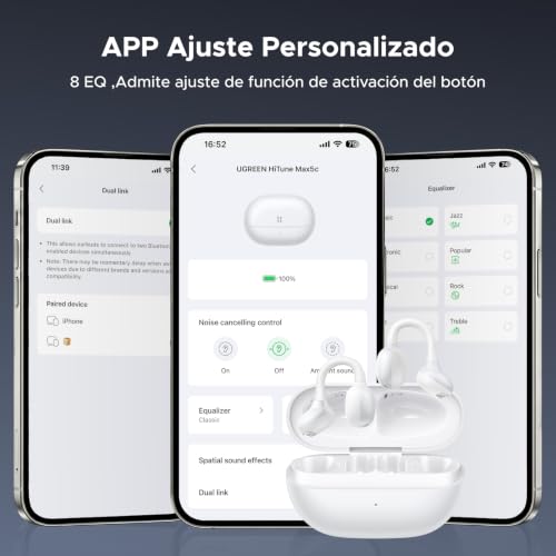 UGREEN HiTune S3 Air Audífonos Inalámbricos In Ear 35 Horas, Bluetooth 6.0 con 2 AI Micrófonos, Audífonos Open Ear 12 mm Diafragma, Control por App, IPX5 para Deportes al Aire Libre y Fitness, Blanco