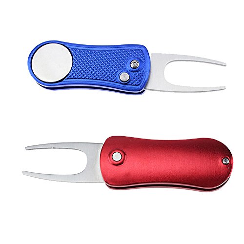 2 Pack Golf Divot Repair Tool - Stainless Steel Switchblade With Detachable Ball Marker (Blue)