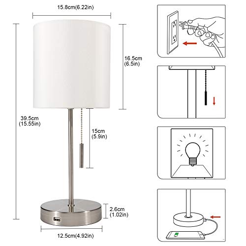 DEEPLITE USB Table Lamp Bedside Nightstand Lamp with USB Port, Modern Desk Lamp Ambient Light for Bedroom, Living Room, Office, Silver Metal Base, Cylinder Lampshade(Set of 2)