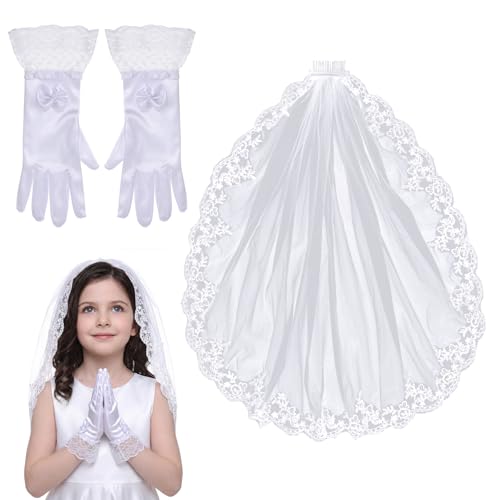 First Communion Set with Veil and Gloves , 1 Tier White Floral Edge Veil at Amazon
