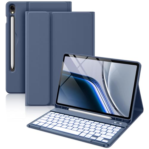 Vobafe AZERTY Keyboard Case for Samsung Galaxy Tab S10 Lite/S10 FE/S9 FE 10.9 Inch/Tab S9 11 Inch, 7 Colors Backlit Keyboard Case with Pen Holder & Quick Charge, AZERTY Blue-Grey | 7-Color Illuminated Keyboard with S Pen Support and USB-C Fast Charging, QWERTZ Layout Blue Grey