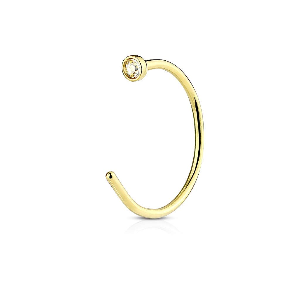 PiercedOff Gold Tone IP Over 316L Surgical Steel Nose Hoop with Clear Gem - Thickness 20GA (0.8mm) / Diameter 10mm / Gem Size 2mm
