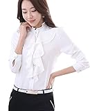 Voguegirl Women Career Fitted Lace Tops Ruffle High Neck Long Sleeve Shirt Blouse