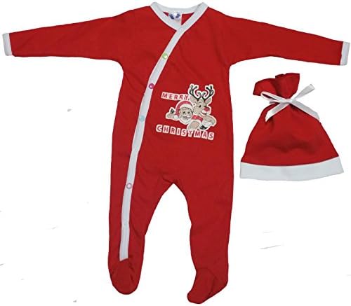 Baby First Christmas Outfit For Infants with Reindeer and Santa Prints by TenTeeTo (9-12 Months, Red)