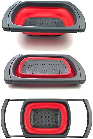 iAesthete Over The Sink Colander - Food Grade Silicone, Collapsible Structure With Extendable Handles, BPA-Free, Multiple Usage Food Strainer, Dishwasher Safe, Smooth Surface, Easy To Clean (Red)