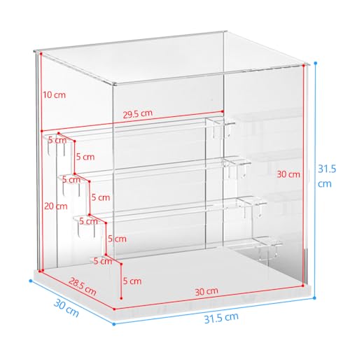 Nynelly 5 Tier Clear Acrylic Display Case for Models, Mini Figures, Pop Mart, Labubu, Sonny Angel, Smiski - Assemble Dustproof Display Box with Door, Display Stand (White Base,Clear Step)