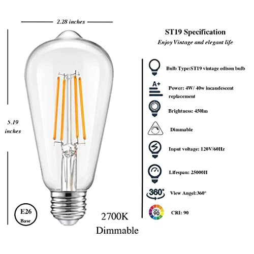12 Pack Dimmable LED Edison Bulbs 40W Equivalent,4 Watt LED Filament