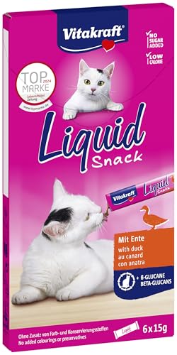 Liquid Snack, Katzen Leckerli, Katzensnack cremig, mit Ente und Beta Glucane, in einzelnen Sachets, verbessert die Immunabwehr (1 Paket mit 6x 15g)