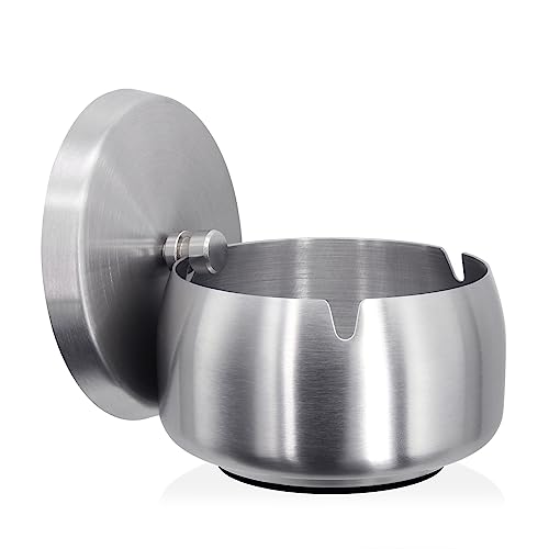 Perphin 灰皿 蓋付き 密閉 滑りとめ はいざら 屋外 室内 卓上 大容量 ステンレス製（M シルバー）