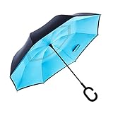 NewSight Reverse/Inverted Double-Layer Waterproof Straight Umbrella, Self-Standing & C-Shape Handle & Carrying Bag for Free Hands, Inside-Out Folding for Car Use (Sky Blue)