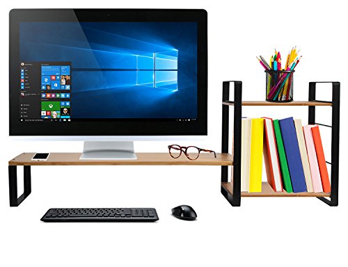 JackCubeDesign Bamboo Monitor Stand Computer Riser Laptop Desktop Storage Organizer Phone Board with 2-Tier Compartments and Keyboard Storage Space – :MK363A - Thumbnail 3