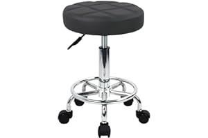WKWKER Round Rolling Stool with Footrest PU Leather Height Adjustable 360° Swivel Stool with Wheels Office Chair Home Drafting Work Studio Shop SPA Salon Small (Grey)