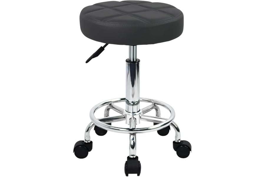 WKWKER Round Rolling Stool with Footrest PU Leather Height Adjustable 360° Swivel Stool with Wheels Office Chair Home Drafting Work Studio Shop SPA Salon Small (Grey)