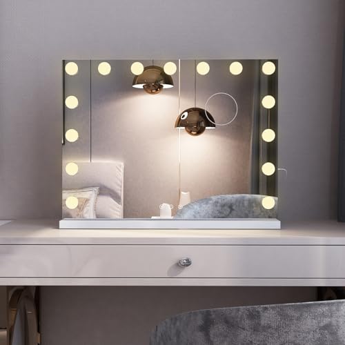 MIQU Espejo Maquillaje con Luz 58x45cm,Espejo Tocador Hollywood con 15 Bombillas LED,3 Modos de Luz,Intensidad Ajustable,con Puerto USB/Type-C,Aumento 10X,Control Táctil,para Mesa o Pared