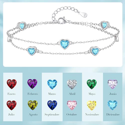 Tusuzik Women's Original 925 Sterling Silver Birthstone Bracelet Double Layer Personalised Heart Jewellery Birthday Gift For Mom Wife Girlfriend Friends Girls Teenagers