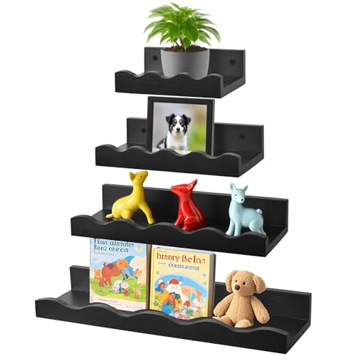 Kldgris Set of 4 Wall Shelves, Floating Shelves, Wood Hanging Shelves, Different Sizes, for Wall Decor, Living Room, Home Office, Bathroom, Kitchen (Black)