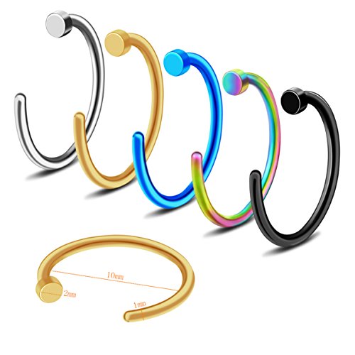 cnomg 20 Pcs Nose Rings Assorted Stainless Steel Nose Open Hoop Ring Body Nose Earring Lip Ring Piercing Various Unisex Value Pack 5 Mixed Colors 10 MM