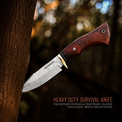 Bushcraft Knife with Leather Sheath Damascus Fixed Blade Hunting