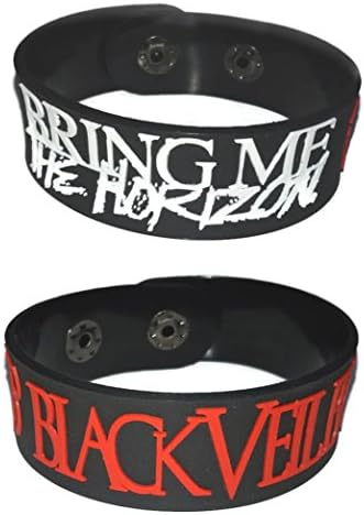 2 PIECES x ( BRING ME THE HORIZON &amp; BLACK VEIL BRIDES ) NEW RUBBER BRACELET WRISTBAND MUSIC ROCK POP UNISEX MEN WOMEN BLACK WHITE SOUVENIRS GIFT DAY WS52