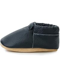 Fringeless Genuine Leather Baby Moccasins - Boys and Girls Shoes for Infants, Babies, Toddlers (Black and Tan, US 6.5)